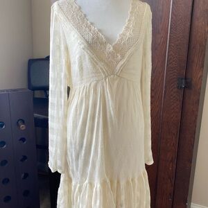 Free People Cream Ruffled Tiered Long Sleeve Dress